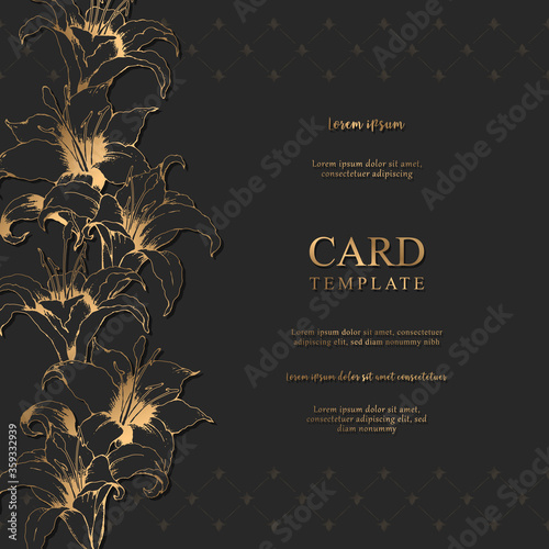 Vector floral elegant card with hand drawn gold lilies and leaves isolated on black background. Botanical design template for wedding invitation, cover, brochure, card