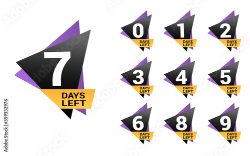 Number days left countdown. Days to go for promotion, sale, landing page, template, ui, web, mobile app, poster, banner, flyer. Vector set number countdown 0 to 9.