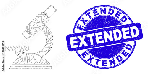 Web mesh microscope pictogram and Extended seal stamp. Blue vector round textured seal stamp with Extended message. Abstract carcass mesh polygonal model created from microscope pictogram.