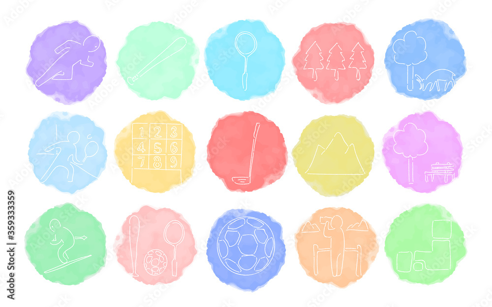 ラフな手書き水彩風アイコンセット スポーツと自然のベクターイラスト Stock Vector Adobe Stock