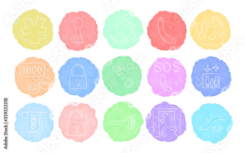 ラフな手書き水彩風アイコンセット：セキュリティやお金のベクターイラスト