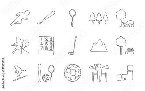 ラフな手書き風アイコンセット：スポーツと自然のベクターイラスト