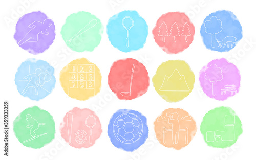 ラフな手書き水彩風アイコンセット：スポーツと自然のベクターイラスト