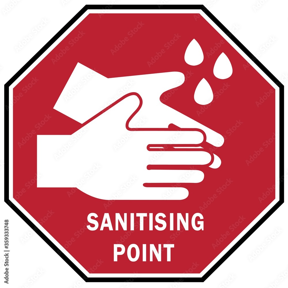 Social distancing concept for preventing coronavirus covid-19 with wash hands icon and wording sanitising point in white color on red background Social distancing concept for preventing coronavirus covid-19 with wash hands icon and wording sanitising point in white color on red background