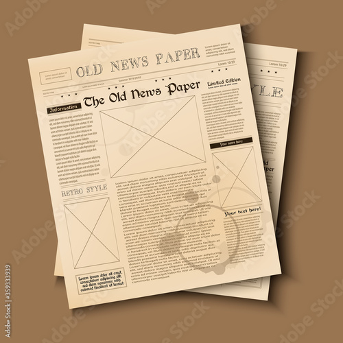 Realistic vector old vintage news paper in two 2 pages, template for your news and information page.