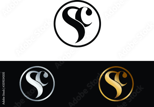 SC text gold black silver modern creative alphabet letter logo design vector icon