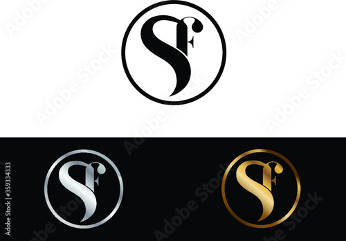 SF text gold black silver modern creative alphabet letter logo design vector icon