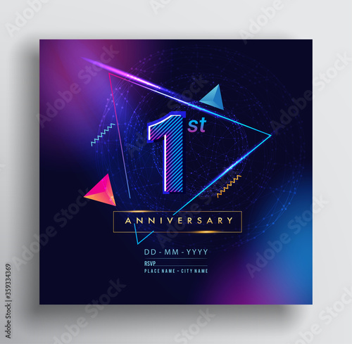 1st Years Anniversary Logo with Colorful Abstract Geometric background, Vector Design Template Elements for Invitation Card and Poster Your Birthday Celebration.