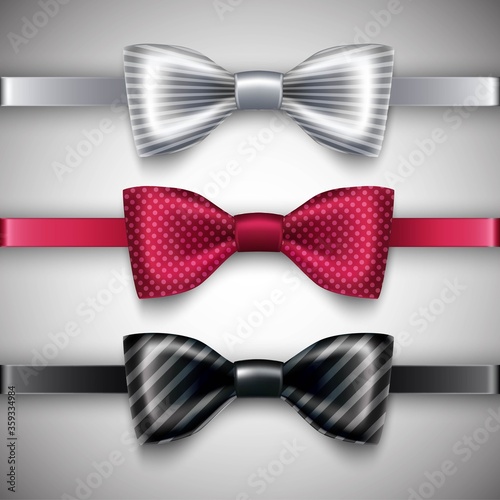 Collection of 3d realistic vintage vector bow ties in white, black and red with dots and stripes.