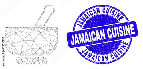 Web mesh mortar pictogram and Jamaican Cuisine seal. Blue vector rounded scratched seal with Jamaican Cuisine phrase. Abstract frame mesh polygonal model created from mortar pictogram.