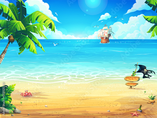 Vector illustration summer beach and palm trees