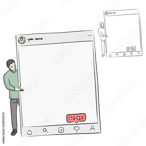 man holding blank sign with social media interface vector illustration sketch doodle hand drawn with black lines isolated on white background