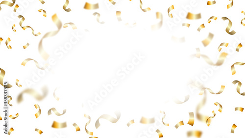 Background of flying gold ribbons of different shapes and sizes on a white background with copy space. Christmas and New Year