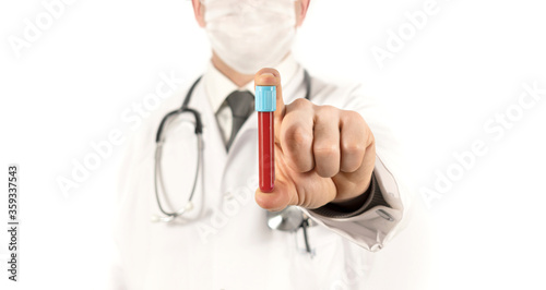 White background, male doctor in a white coat holding a blood and test tube in his hand.