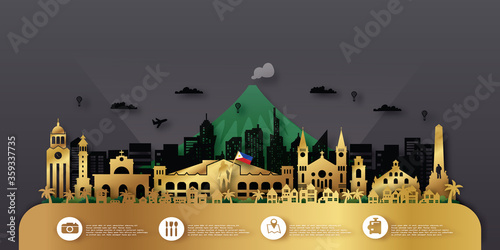 Philippines Travel postcard, poster, tour advertising of world famous landmarks. Vectors illustrations