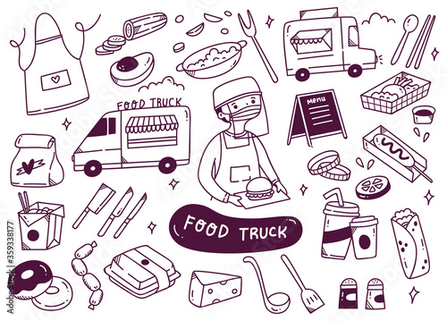 Set of food truck doodles vector illustration 