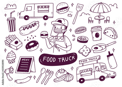 Set of food truck doodles vector illustration 