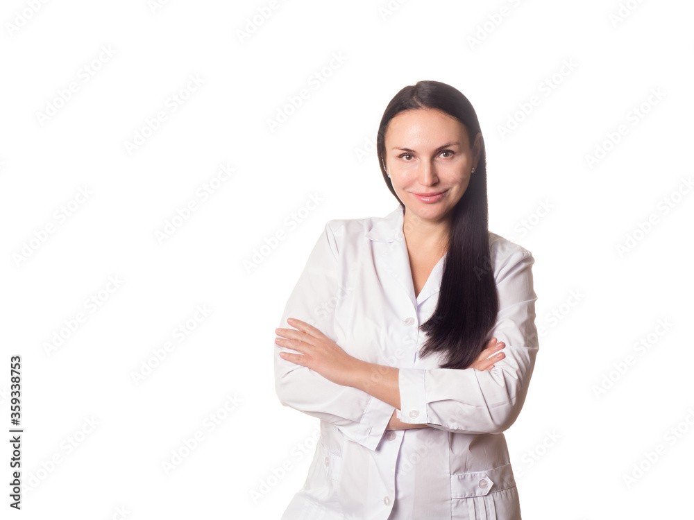 Doctor gynaecologist. Caucasian attractive friendly smiling adult woman in medical gown, half-length portrait, isolated on white. Doctor gynaecologist. Caucasian attractive friendly smiling adult woman in medical gown, half-length portrait, isolated on white.