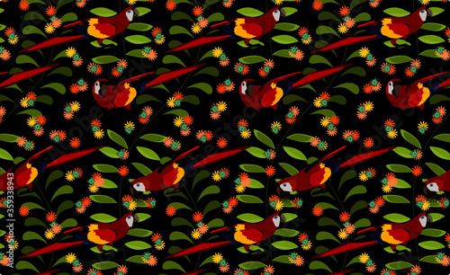 seamless pattern of large red macaws, Caribbean nature, preservation of endangered species, animals fabric, vector illustration