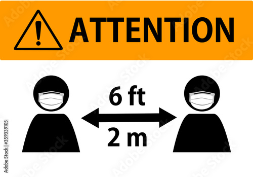 keep social distancing sign, attention, minimum distance, six feet or two meters, vector illustration