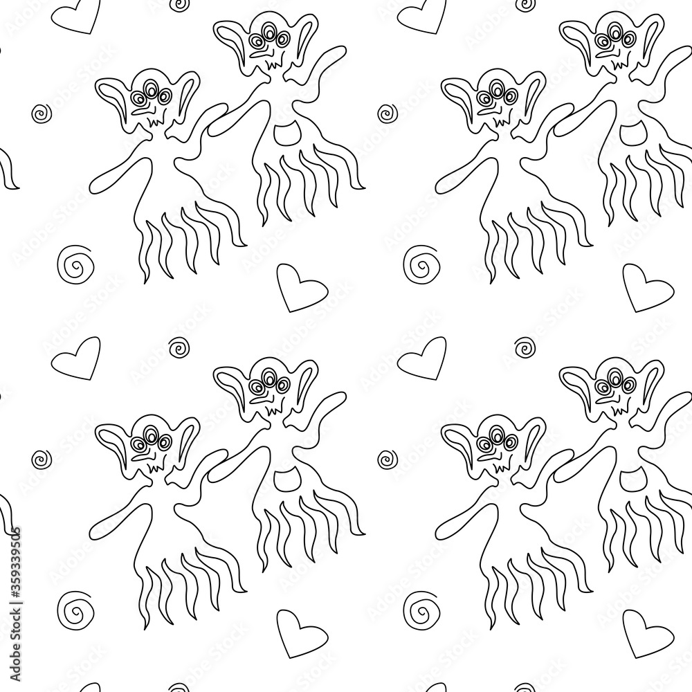 Obraz premium Vector color seamless childish pattern with cute outline monsters aliens, space doodles, lettering. Baby background perfect for fabric, wrapping, wallpaper, textile, apparel, cover, coloring book
