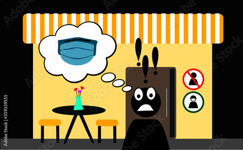 character scared to remember that forgot the facial mask at home, no mask no entry in the establishment, signs, please use a facial covering, mask required, vector illustration