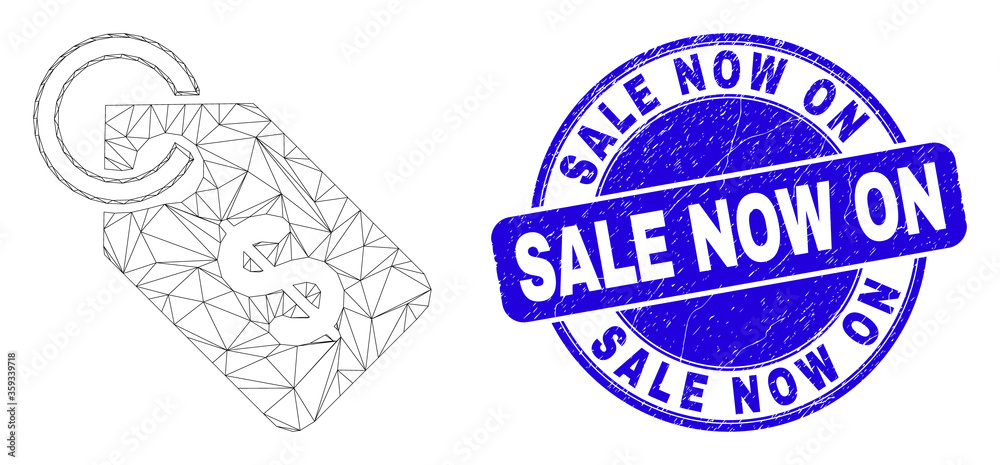 Web mesh price tag pictogram and Sale Now On seal stamp. Blue vector round textured seal with Sale Now On phrase. Abstract carcass mesh polygonal model created from price tag pictogram.