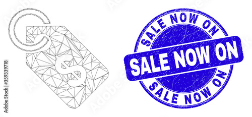 Web mesh price tag pictogram and Sale Now On seal stamp. Blue vector round textured seal with Sale Now On phrase. Abstract carcass mesh polygonal model created from price tag pictogram.