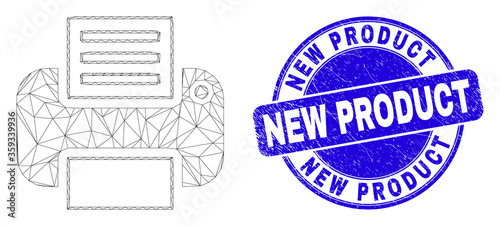 Web carcass printer icon and New Product seal stamp. Blue vector rounded textured seal stamp with New Product caption. Abstract carcass mesh polygonal model created from printer icon.