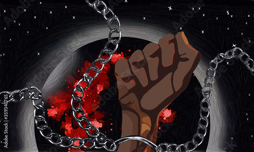 black hands chained, broken chains, structural racism, black planet earth in blood, black lives matter, stop killing black people, police violence, racism, multicultural, diversity, illustraction. photo