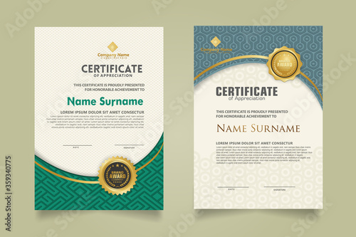 Set modern certificate template with dynamic and futuristic texture on curve ornament and modern pattern background