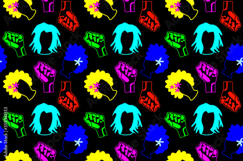 Seamless background pattern, Neon black people silhouettes with different hair styles and Fists, vector illustration