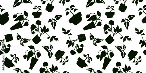 seamless pattern, background, plants of various types, pots, plant packaging, nature, leaves, flowers, earth, green, vector illustration