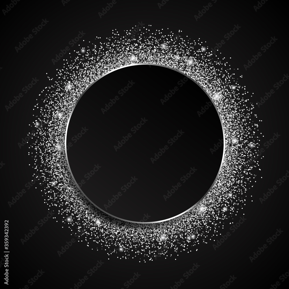 Vector template with silver sparkle glitter. Shining circle frame on black background Vector template with silver sparkle glitter. Shining circle frame on black background