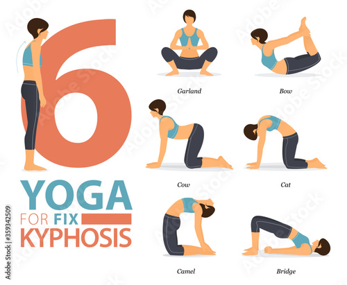 6 Yoga poses for workout in kyphosis fix concept. Woman exercising for body stretching. Yoga posture or asana for fitness infographic. Flat cartoon vector.