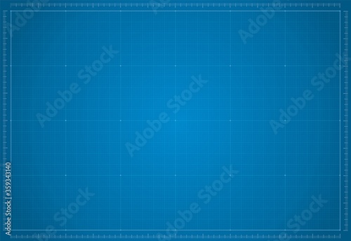 Blueprint paper. Blank blue sheet of paper with grid. Vector blueprint background template for engineering design drawing. Empty print pattern with lines photo