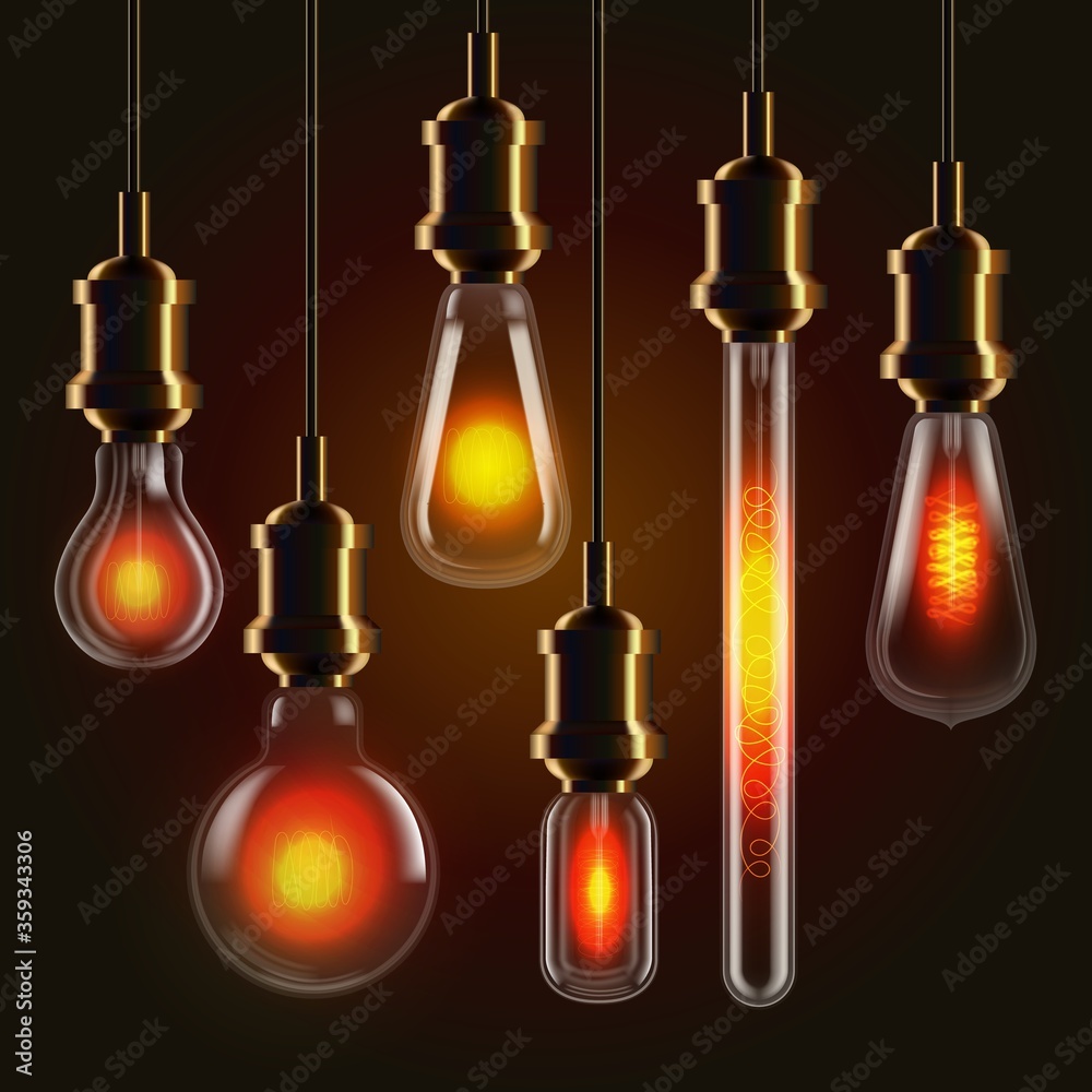 Retro light bulb set. Isolated realistic decorative glowing retro light bulbs hanging on wire on dark background. Vintage different shape incandescent filament Edison lamp collection Retro light bulb set. Isolated realistic decorative glowing retro light bulbs hanging on wire on dark background. Vintage different shape incandescent filament Edison lamp collection
