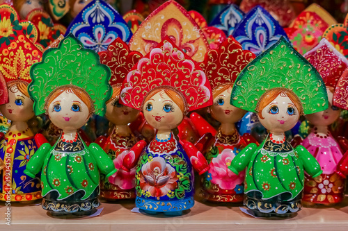 Colorful traditional Russian matryoshka nesting dolls in a souvenir shop in Moscow Russia