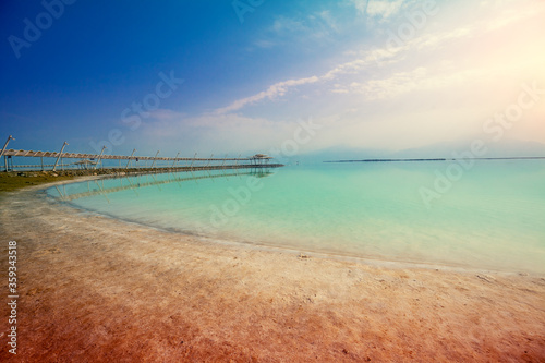 Seascape. The shore of the Dead Sea. Beach in the morning. Summer