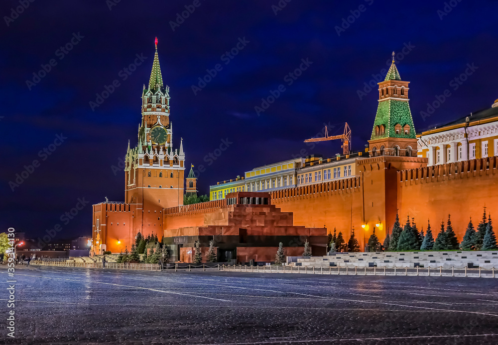Night view of the Kremlin and the Lenin Mausoleum on the Red Square in Moscow, Russia Night view of the Kremlin and the Lenin Mausoleum on the Red Square in Moscow, Russia