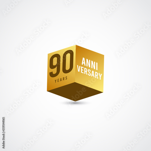 90 Years Anniversary Celebration Gold 3 D Vector Label Logo Template Design Illustration