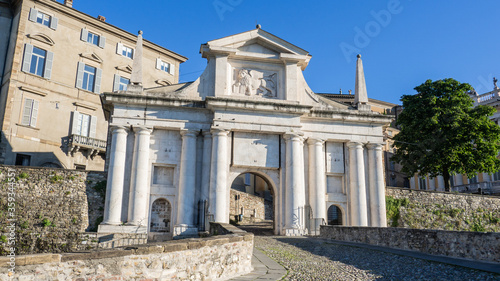 Bergamo, Italy. The old town. Amazing landscape at the ancient gate Porta San Giacomo. Bergamo one of the most beautiful cities in Italy