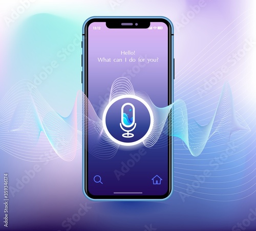 Voice recognition service technology. AI artificial intelligence assistant support. Screenshot phone control device, command. Smart screen remote talking. Help chatbot template. Vector illustration.