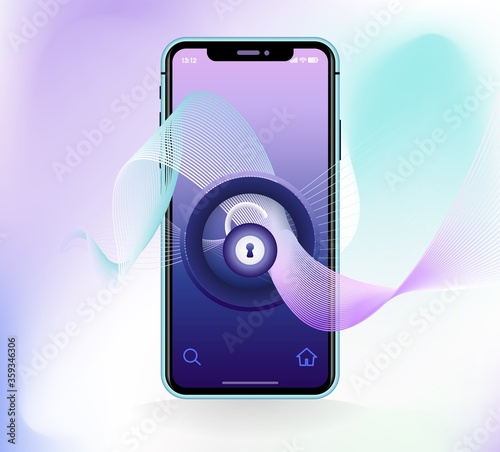 Voice id recognition lock assistant app concept. Smart technology identify. Biometric verification soundwave password. Control speech recognition. Digital system security template. Vector illustration