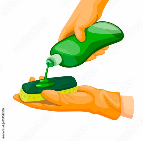 Hand wear Rubber Gloves Pouring Dishwashing Liquid Detergent on Sponge, in Cartoon Realistic illustration Vector