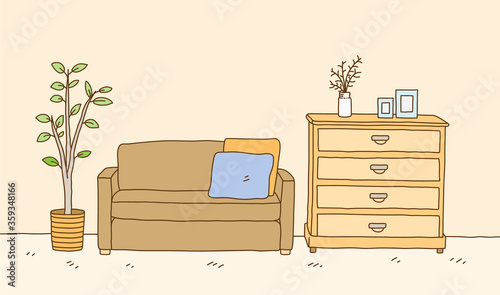 Minimalist interior furniture of sofa with dressing table and interior plant. hand drawn vector doodle illustration interior minimalist design.