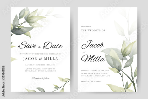 Set of wedding invitation card greenery leaves watercolor branch vector template.