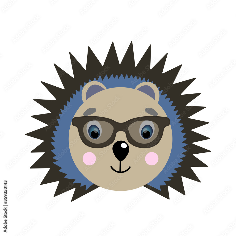 Colorful cute vector hedgehog face in sunglasses. One object on a white background. Cartoon flat illustration. Emoji funny animal. Embarrassed smile emotion. Template icon. Logo, sticker.