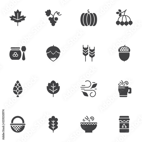 Autumn elements vector icons set, modern solid symbol collection, filled style pictogram pack. Signs, logo illustration. Set includes icons as pumpkin, tree foliage, maple leaf, wheat harvest, jam jar