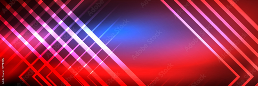 Shiny neon glowing techno lines, hi-tech futuristic abstract background template with square shapes